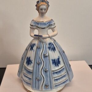 Royal Crown Derby Blue, White and Gold Victorian Lady Figurine